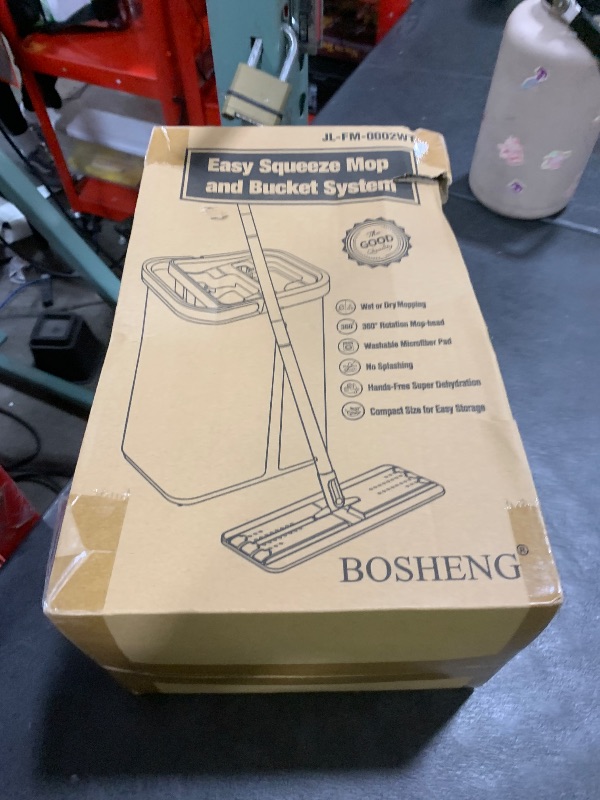 Photo 1 of BOSHENG Mop and Bucket with Wringer Set, Hands Free Flat Floor Mop and Bucket, 3 Washable Microfiber Pads Included, Wet and Dry Use, Home Floor Cleaning System for All Floor Types and Windows
