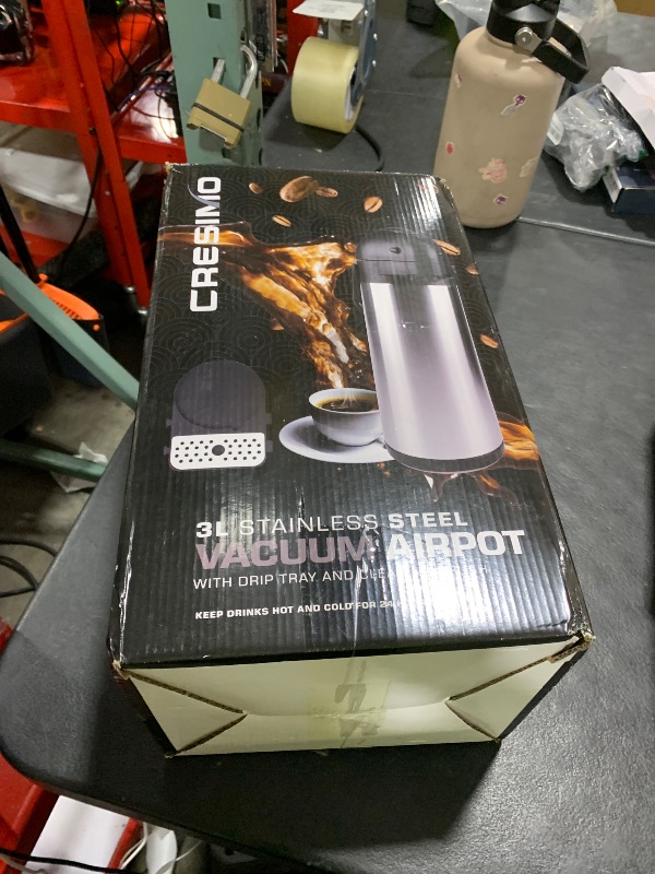 Photo 1 of Airpot Coffee Dispenser with Pump & Tray - 101oz/3L Coffee Carafe with Pump - 12 Hours Hot Drink Dispenser for Parties - Stainless Steel Thermal Carafe for Hot Cocoa Bar -Easy-to-Use Insulated Pitcher
