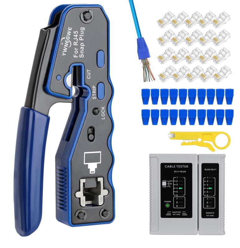 Photo 1 of RJ45 Crimp Tool Kit Pass Thru Ethernet Crimper for Cat5e Cat6 Cat6a 8P8C Modular Connectors, All-in-One Cat6 Crimping Tool and Tester(9V Battery Not Included)