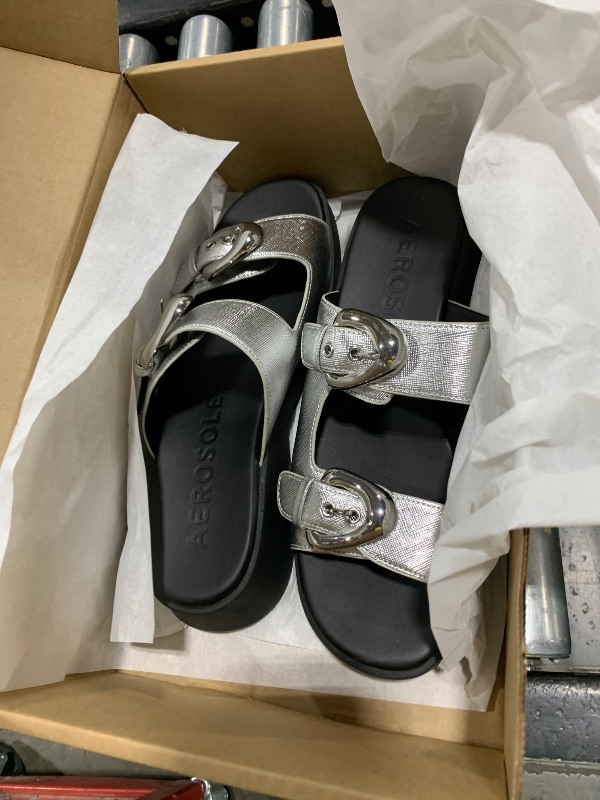 Photo 1 of Aerosoles Women's Faith Slide Sandal, Silver Metallic Textured Faux Leather, 9.5