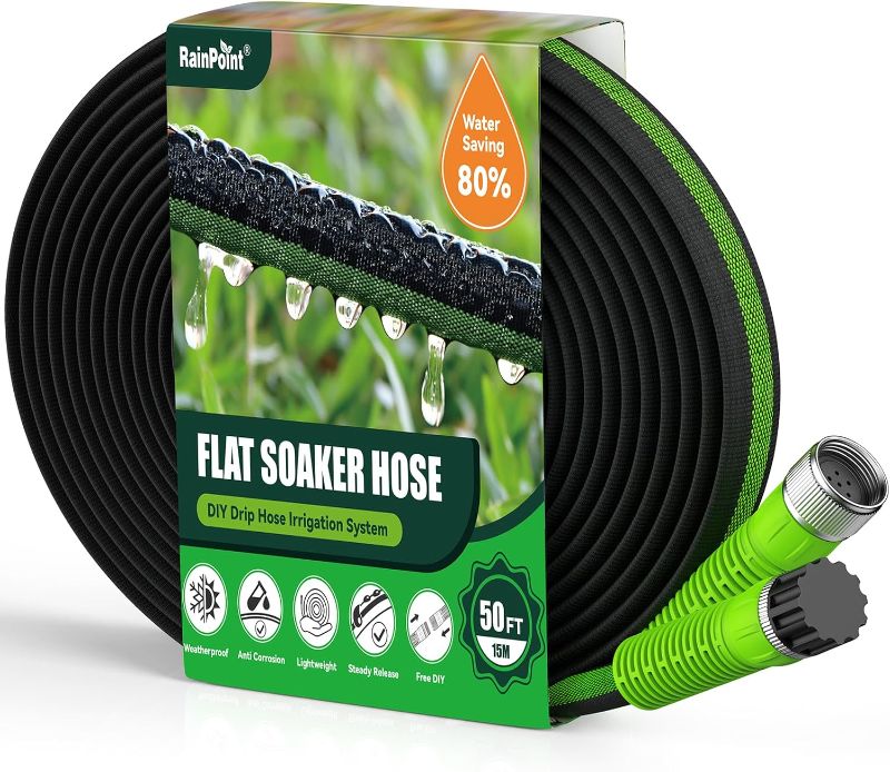 Photo 1 of RAINPOINT Flat Soaker Hose 50ft, 80% Water-Saving Drip Irrigation Hose for Garden, Leakproof and Flexible with Anodized Aluminum Ends, Double Layer Soaking Hoses for Garden, Vegetables, Green
