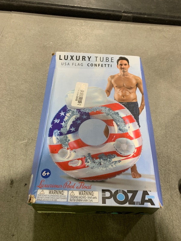 Photo 1 of POZA USA Flag Inflatable Luxury Tube with Back Rest - Big Luxurious Lounger Pool Float Tube Filled with Sparkle Confetti, Built in Phone Holder, Cup Holders, and Handles, Premium Thick Ring - 42 Inch