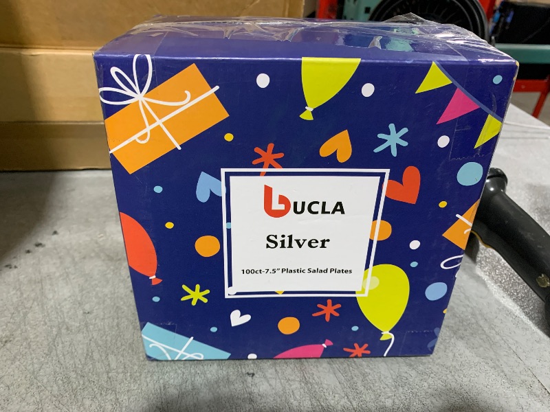 Photo 1 of bUCLA 100Pieces Silver Rim Plastic Plates - 7.5inch Silver Salad/Dessert Plates Disposable - Ideal for Weddings,Parties&Christmas