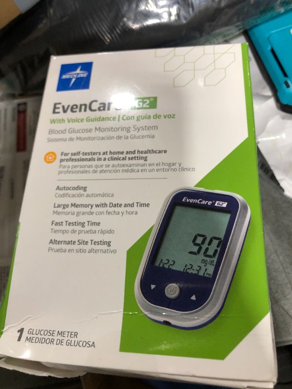 Photo 1 of Medline EvenCare G2 Blood Glucose Monitoring Meter, Self-Testing Diabetic Care, 6 Sec Results, Batteries, Guide, Carrying Case, Logbook, Voice Assistance