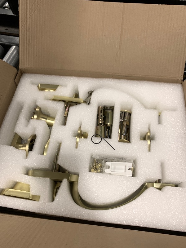 Photo 1 of goldenwarm Double Front Door Lock Set, Gold Double Door Handlewith Dummy, Double Classic Front Door Hardware Set with Reversible Wave Handle Lever, Double Entry Door Lock Set