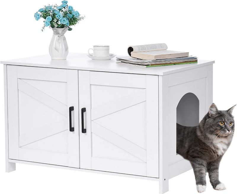 Photo 1 of Homhedy Cat ter Box Enclosure, Wooden Cat Washroom Furniture with Barn Door, Pet House, Fit Most of Litter Box, GREY