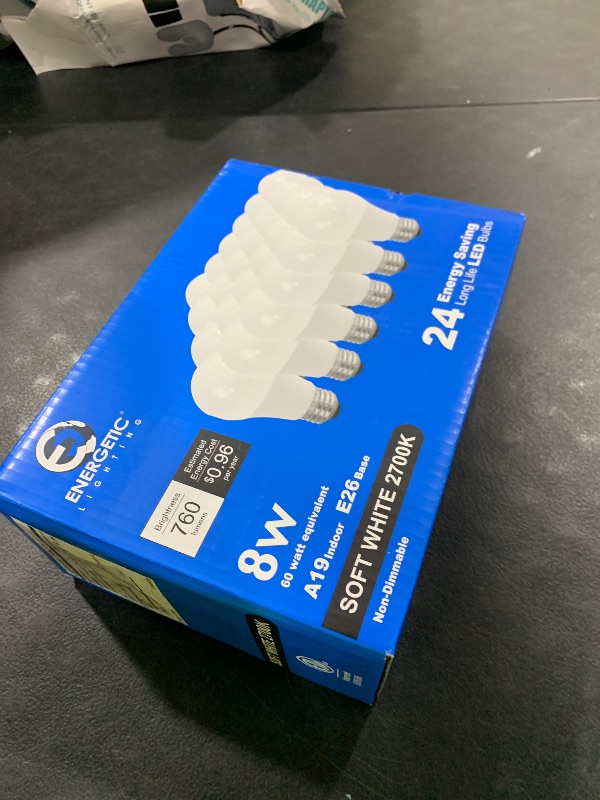 Photo 1 of Energetic 24 Pack LED Light Bulbs, 60 Watt Equivalent A19 LED Bulb, Soft White 2700K, Non-Dimmable, E26 Base, ETL/UL Listed, 15000 Hrs, Standard Light Bulbs
