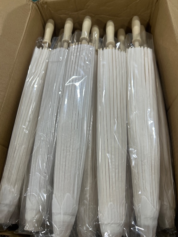 Photo 1 of MBJZSL 60 Pack White Paper Umbrellas, 23.6 Inch Paper Parasol Umbrella Chinese Japanese Style DIY Umbrellas Decorative Vintage Decor for Wedding Props (60PCS)
