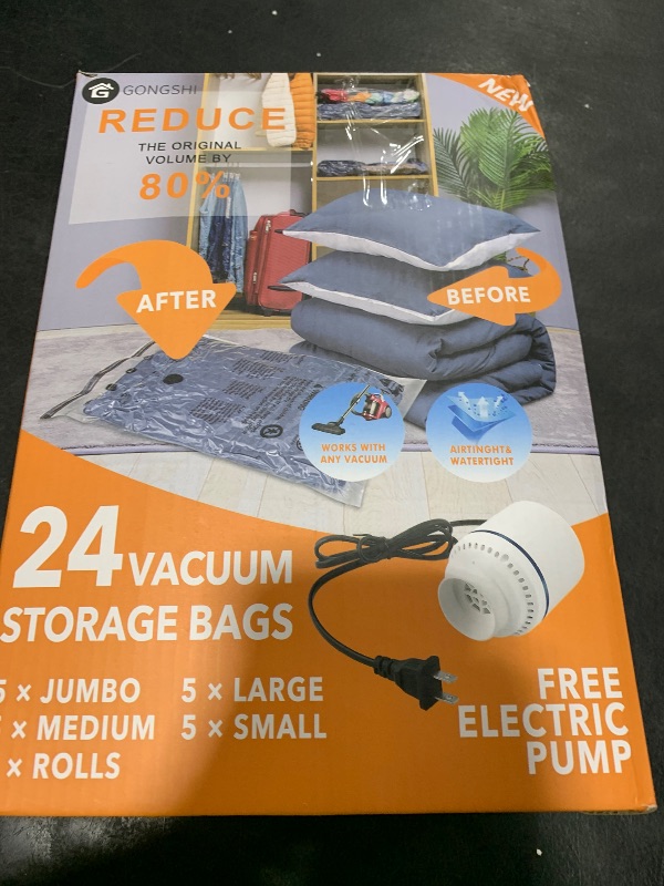 Photo 1 of 24 Pack Vacuum Storage Bags with Electric Pump, (5 Jumbo, 5 Large, 5 Medium, 5 Small, 4 Roll Up Bags) Space Saver Bag for Clothes, Mattress, Blanket, Duvets, Pillows, Comforters,Travel
