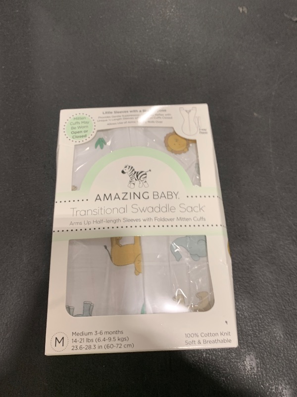 Photo 1 of Amazing Baby Transitional Swaddle Sack, Arms Up Half-Length Sleeves & Mitten Cuffs, Swaddle for Newborn Transition to Baby Sleep Sack Wearable Blanket, Medium, 3-6 Month, 14-21 lb, On Safari