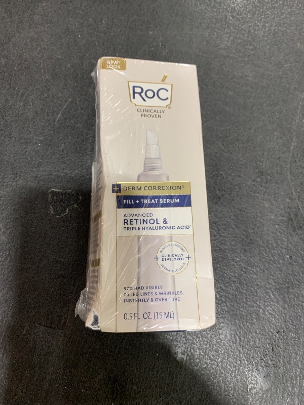 Photo 1 of RoC Derm Correxion Fill + Treat Advanced Retinol Serum, Wrinkle Filler Treatment with Hyaluronic Acid for Crow's Feet, 11 Wrinkles, & Laugh Lines, (.5 fl oz) with Retinol Packette (Packaging May Vary)