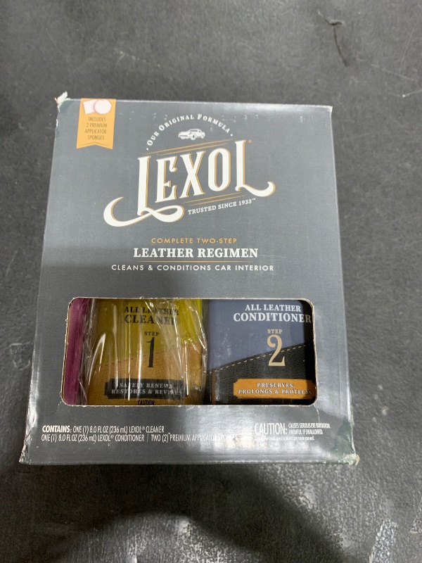 Photo 1 of Lexol All Leather Cleaner and Conditioner Kit for Car Seats and Interiors, Couches and Furniture, Shoes and Boots, Baseball Gloves and Horse Saddles, Two 8 oz Bottles and Two Sponges