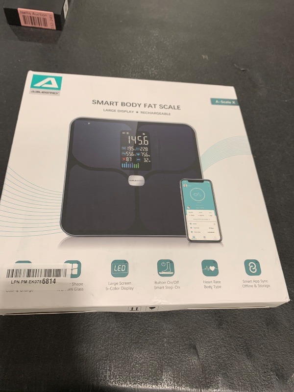 Photo 1 of ABLEGRID Body Fat Scale,Digital Smart Bathroom Scale for Body Weight, Large Color Display Screen, 16 Body Composition Metrics BMI, Water Weigh, Heart Rate, Baby Mode, 400lb, Rechargeable