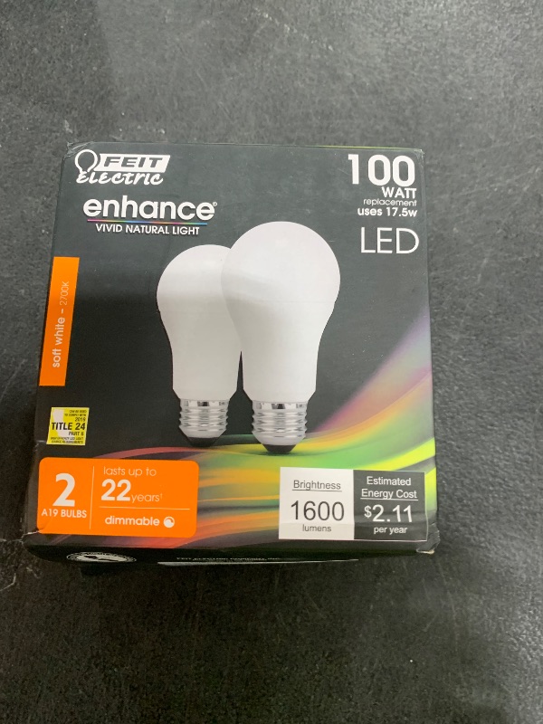 Photo 1 of Feit Electric A19 LED Light Bulb, 100W Equivalent, Dimmable, E26 Base, CRI 90, 1600 Lumens, 2700K Soft White, General Purpose Light Bulb, 22-Year Lifetime, OM100DM/927CA/2, 2 Pack