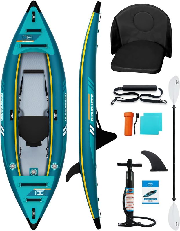 Photo 1 of OCEANBROAD Inflatable Sit-in Kayak, 1 Person/2 Person Blow Up Kayak for Adults with Paddle, Kayak Seat, Pedal, Hand Pump and Bag, Blue/Sky Blue
