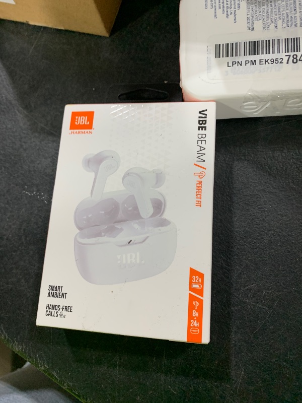 Photo 1 of JBL Vibe Beam - True Wireless JBL Deep Bass Sound Earbuds, Bluetooth 5.2, Water & Dust Resistant, Hands-free call with VoiceAware, Up to 32 hours of battery life (White)