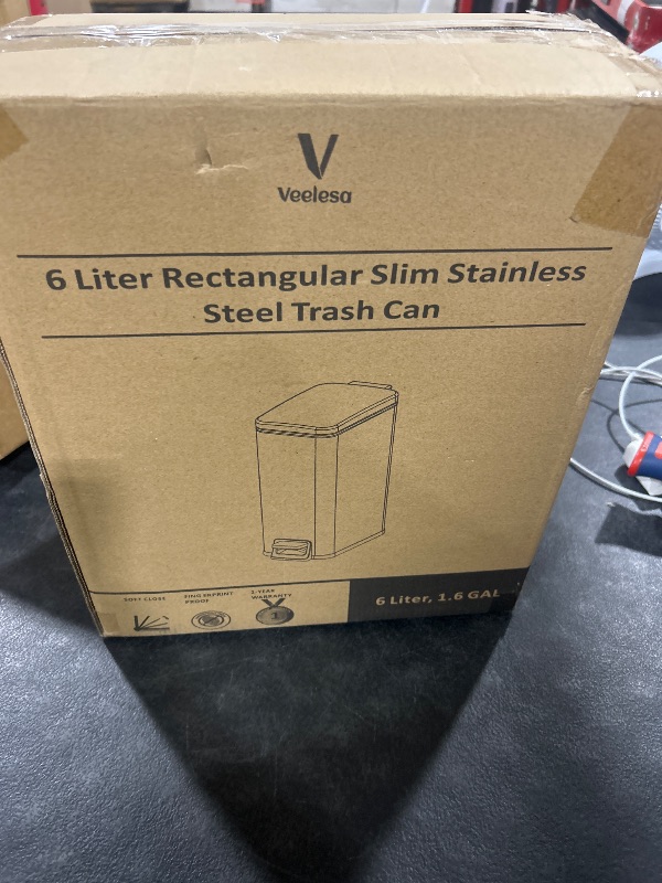 Photo 1 of Veelesa Slim Bathroom Trash Can with Lid Soft Close, 1.6 Gallon Stainless Steel Garbage Can with Removable Inner Bucket, Durable Step Pedal, Small Trash Bins for Toilet, Bedroom, Kitchen, Office