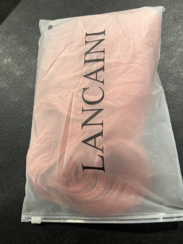 Photo 1 of LANCAINI Pastel Bob Wigs with Bangs for Women Loose Wavy Wig Pastel Wavy Shoulder Length Bob Synthetic Cosplay Wig for Girl Colorful Costume Wigs (Pink)