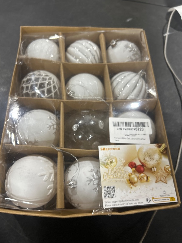 Photo 1 of SHareconn 80mm Christmas Balls Ornaments,12PCS Colored Shatterproof Plastic Decorative Hanging Tree Decorations Baubles Set for Xmas Tree Holiday Party Wedding Decoration with Lanyard,White&Silver