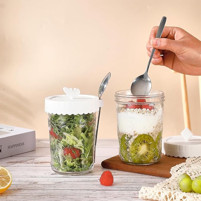 Photo 1 of X.SSTTXN 2Pack Glass Yogurt Parfait Jars with Lids and Spoons, 100% Leak Proof Mason Jars, 20 oz Meal Prep Containers Reusable, Glass Jars for Overnight OatsYogurtSoupSnackParfait - White