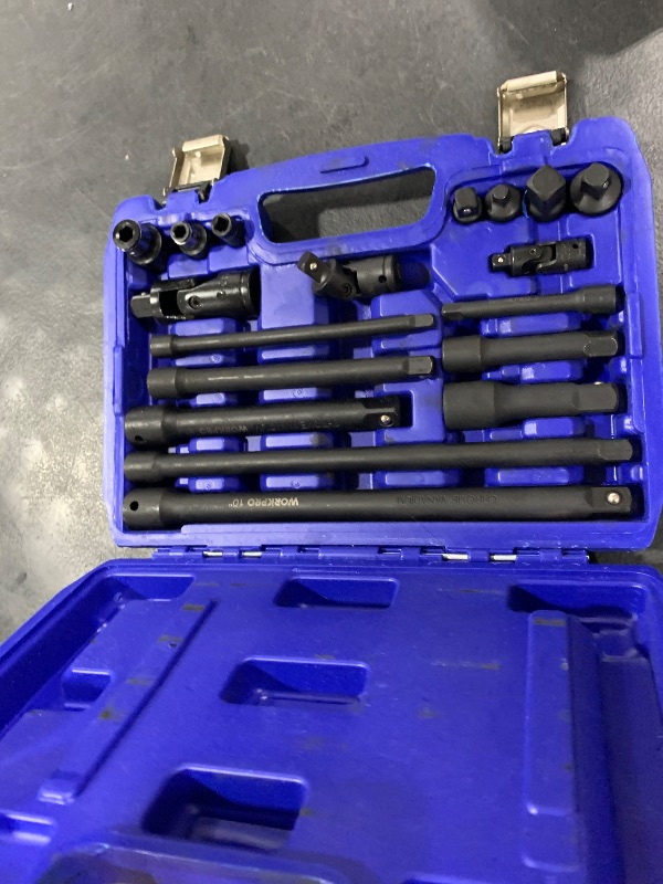 Photo 1 of WORKPRO 18-Piece Impact Socket Extension Set, Includes Socket Adapters, Ratchet Extension Set, Socket Extension Bar, Swivel Universal Joints and Impact Coupler, 1/4", 3/8" & 1/2" Drive
