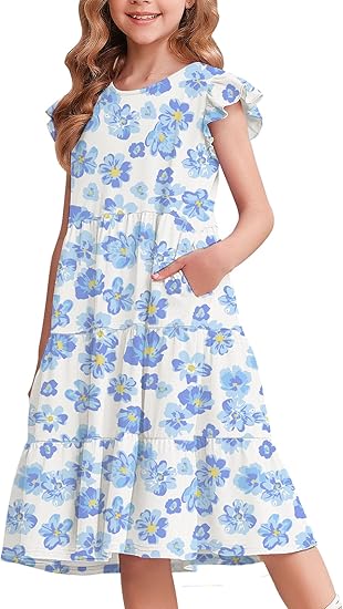 Photo 1 of Arshiner Girl's Summer Dresses Ruffle Sleeve Tiered Swing Midi Casual Sundress with Pockets