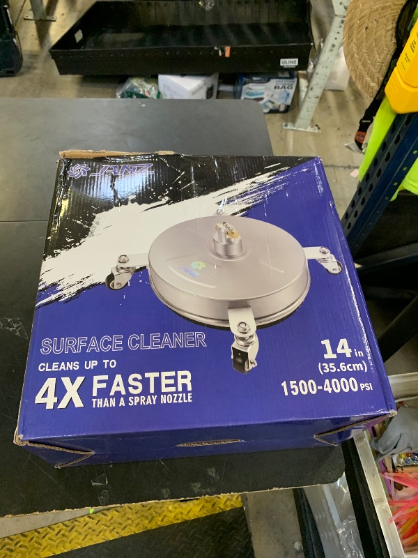 Photo 1 of janz 14" Pressure Washer Surface Cleaner with 4 Wheels, Stainless Steel Housing, 1/4" Quick Plug, 2 Extension Wands, 2 Replacement Nozzles and 3 Spray Nozzles, 4000 PSI