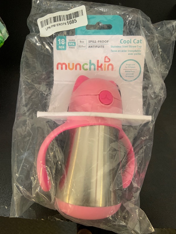 Photo 1 of Munchkin Cool Cat Sippy Cup for Toddlers, Stainless Steel Straw Cup, 8 Ounce, Pink