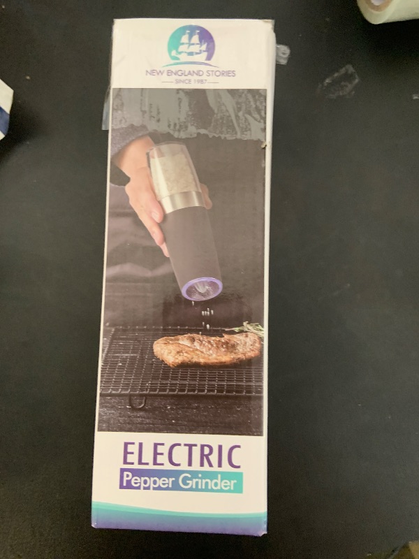 Photo 1 of Gravity Electric Salt and Pepper Grinder Mill with Blue LED Light. One Handed Operation, Battery Powered Automatic Pepper Mill with Spoon, Cleaning and Dust Brush, Adjustable Coarseness, Black