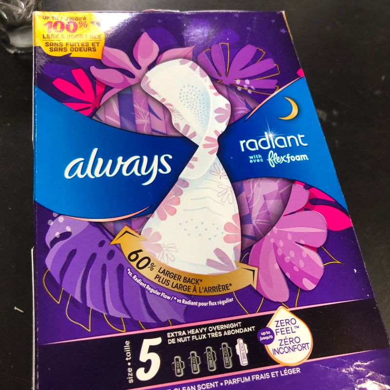 Photo 1 of Always Radiant Feminine Pads for Women, Flexfoam Pads with Wings, Size 5, Extra Heavy Overnight Absorbency, Lightly Scented, 26 Count