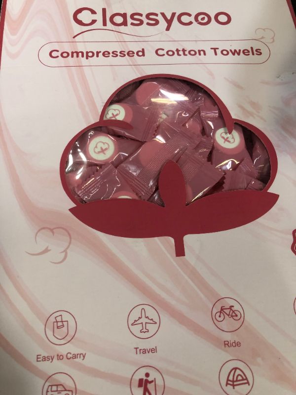 Photo 1 of Classycoo Compressed Towel 100 PCS Mini Tablets Disposable Portable Face Towel Cotton Coin Tissue Eco-Friendly for Travel, Camping, Hiking, Sport, Beauty, Home Hand Wipes, Outdoor Activities Pink
