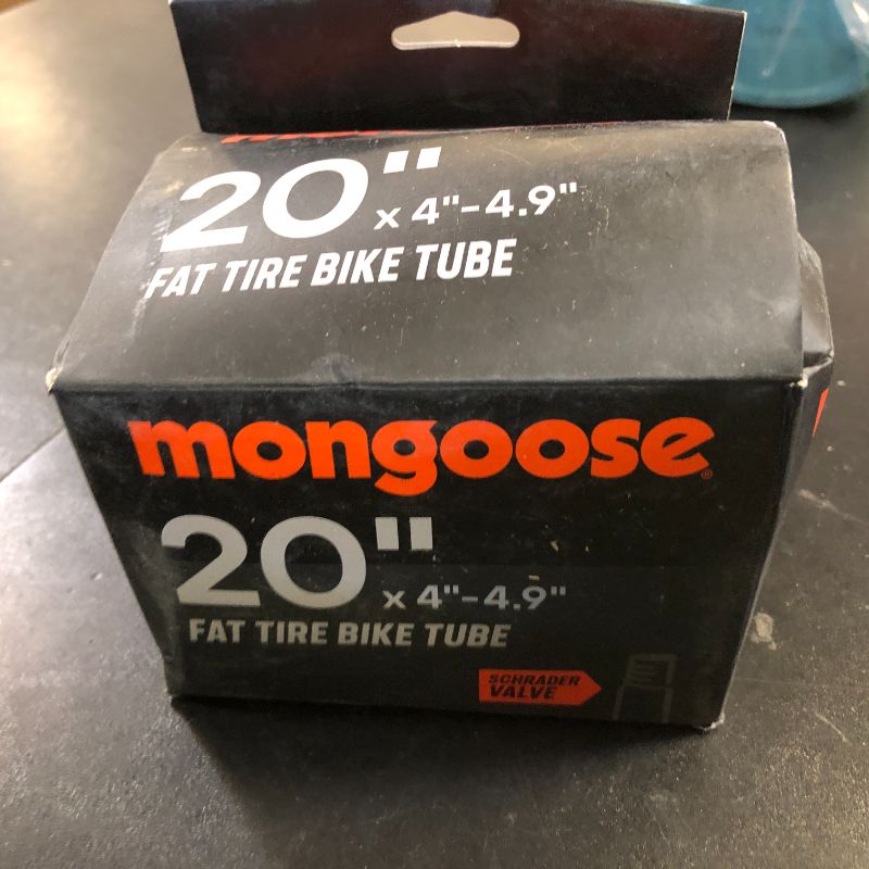 Photo 1 of Mongoose Fat Tire Bike Tube, Inner Tubes with Schrader Valve, Fits 20" / 24" / 26" / 27.5" Bicycle Tires, Heavy-Duty Rubber, Easy Inflation, 1-Pack Replacement Tire Tube