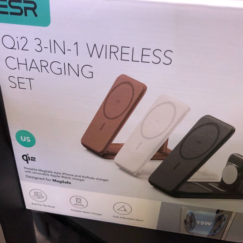 Photo 1 of ESR Qi2 3 in 1 Charging Station for Apple, [Certified] Apple Watch Charger & Qi2 15W MagSafe Charger Stand, Travel Charger for iPhone 16/15/14/13/12 Series, Watch & AirPods, Black (Bag Included)