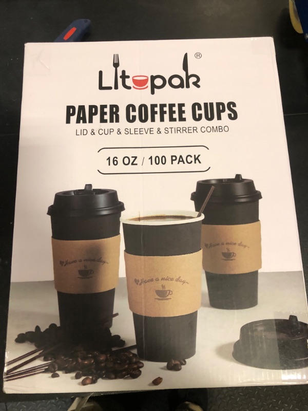 Photo 1 of LITOPAK 100 Pack 16 oz Paper Coffee Cups with Lids, Black Disposable Coffee Cups with Lids, Sleeves and Stirring Sticks, for Parties, Picnic, Travel, and Events