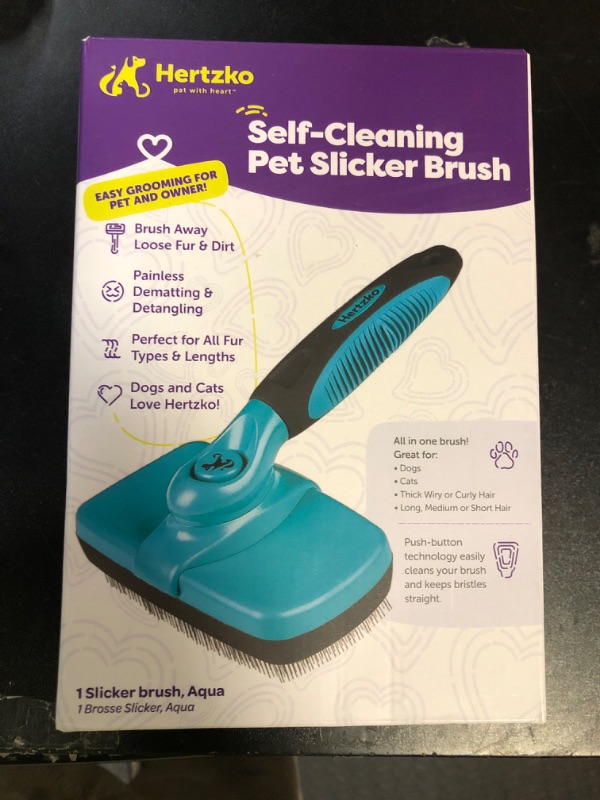 Photo 1 of Hertzko Dog Brush for Shedding - Self Cleaning Slicker Brush for Dogs and Cats - Gently Removes Loose Hair, Tangles, and Dirt - Grooming Brush Suitable for Long or Short Coats - Aqua
