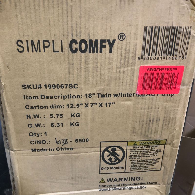 Photo 1 of Simpli Comfy 18" Raised Twin Inflatable Air Mattress with Built-in AC Pump, Fast Self-Inflating Blow Up Air Bed with Waterproof Top for Home, Travel, Camping 75” x 40” x 18"