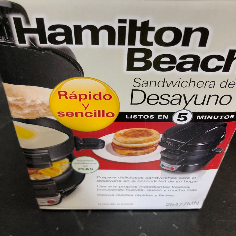Photo 1 of Hamilton Beach Breakfast Sandwich Maker with Egg Cooker Ring, Customize Ingredients, Perfect for English Muffins, Croissants, Mini Waffles, Perfect White Elephant Gifts, Black (25477)