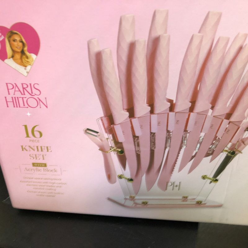 Photo 1 of Paris Hilton Knife Block Set with Fan Style Clear Acrylic Knife Block, Premium Stainless Steel Blades with Nonstick Coating, Comfort Grip Handles, 16-Piece Set, Pink and Gold