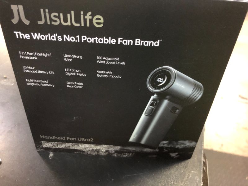 Photo 1 of JISULIFE Portable Handheld Fan Ultra2, 9000mAh Max 25 Hrs, 5 IN 1, 100 Speed Turbo Fan Rechargeable 18W Power Bank with Flashlight, Metal Shell Multi-Function Travel Essentials Gifts for Men-Grey