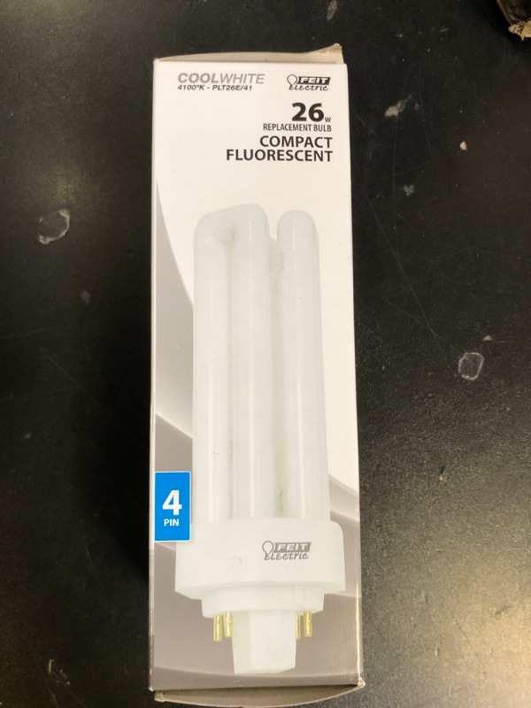 Photo 1 of Feit Electric 26-Watt PLT CFL Light Bulb, GX24Q-3 4-Pin Base, 1600 Lumens, 4100K Cool White, PL-Shaped Compact Fluorescent Bulb for General Purpose and Task Lighting, 10,000 Hour Lifetime, PLT26E/41