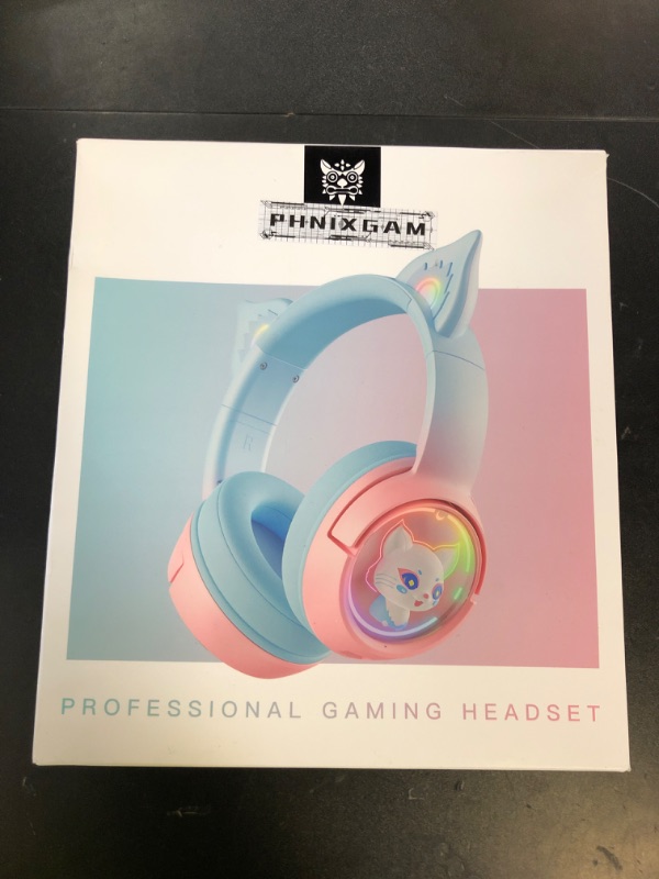 Photo 1 of PHNIXGAM Cute Cat Bluetooth Headphones, Wireless & Wired Mode Headset with Mic, RGB LED Light, for Girls Women School Gaming, Compatible with Mobile Phones Tablet (Pink Blue)
