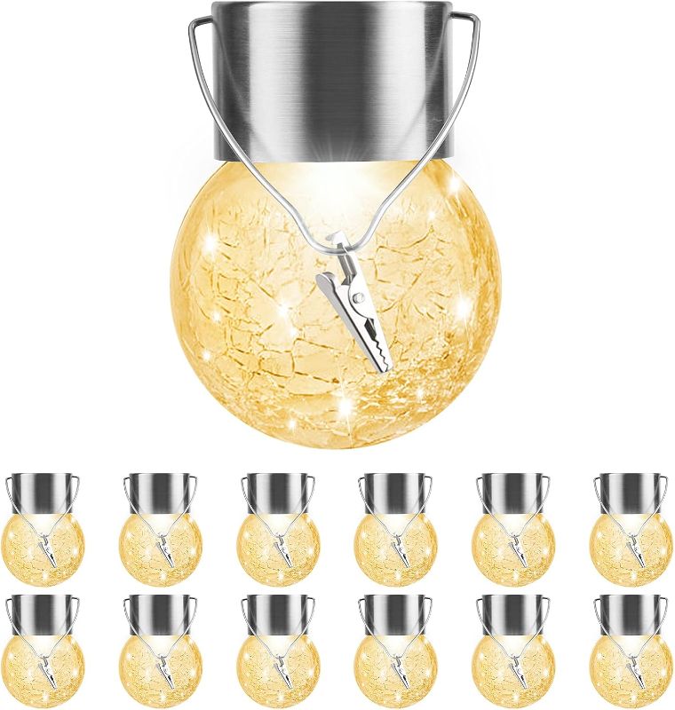 Photo 1 of Solar Outdoor Lights Decorative 12 Pack, Hanging Solar Garden Lights Waterproof, Solar Powered Globe Cracked Glass Ball Lantern for Yard Patio Fence Tree Umbrella Holiday Decoration, Warm White