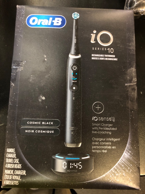 Photo 1 of Oral-B iO Series 10 Rechargeable Electric Toothbrush with Visible Pressure Sensor to Protect Gums, 2 Min Timer, 7 Cleaning Settings, 4 Replacement Toothbrush Heads, and Charging Travel Case, Black