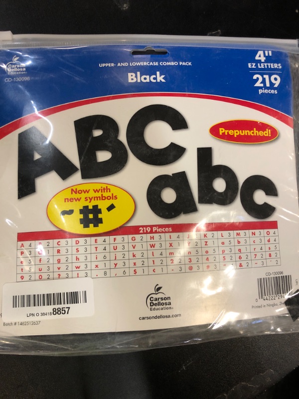 Photo 1 of Carson Dellosa 219-Piece Black Cutout Letters, 4" Upper and Lowercase Alphabet, Numbers, Punctuation, and Symbols for Bulletin Board, Posterboard, Party, and Classroom Decor