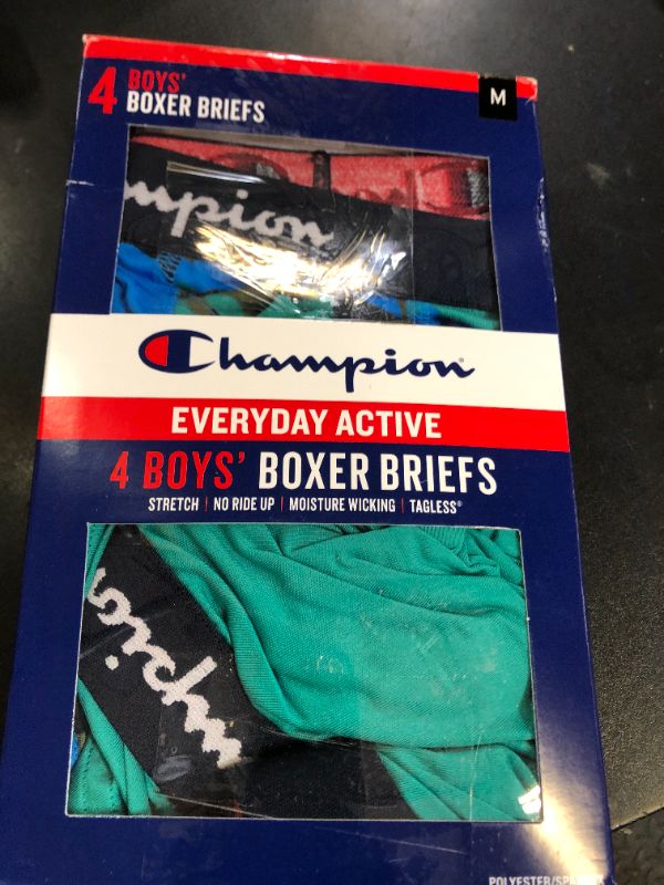 Photo 1 of Champion Boys' Underwear, Everyday Active Stretch Boxer Briefs, Assorted 4-Pack, Navy/Green/Camo/Scripts, Medium