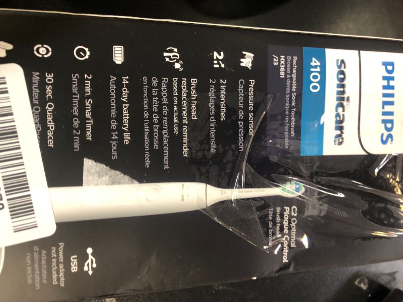 Photo 1 of Philips Sonicare 4100 Rechargeable Electric Toothbrush, with Pressure Sensor, 2 Intensity Settings, SmarTimer and QuadPacer, 14-Day Battery Life, White, Model HX3681/23