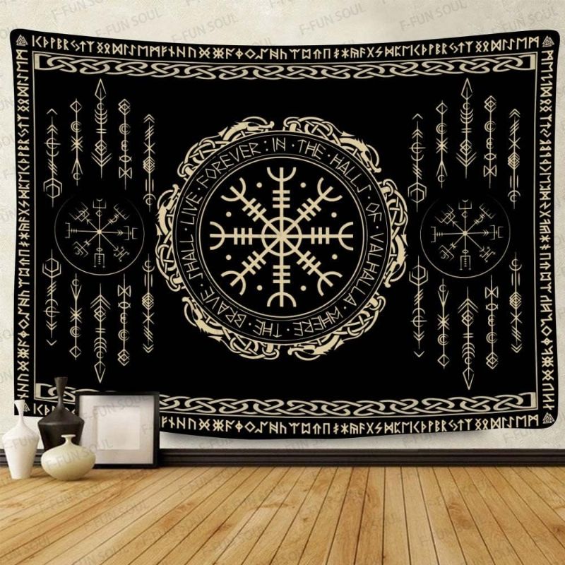 Photo 1 of FUN SOUL Nordic Vikings Tapestry, Large 40x30inches Soft Flannel, Vegvsir Symbol Amulet Celtic Rune Scandinavian Aesthetic Mythology Tapestry Wall Hanging for Bedroom Living Room Decor GTZYFS1738