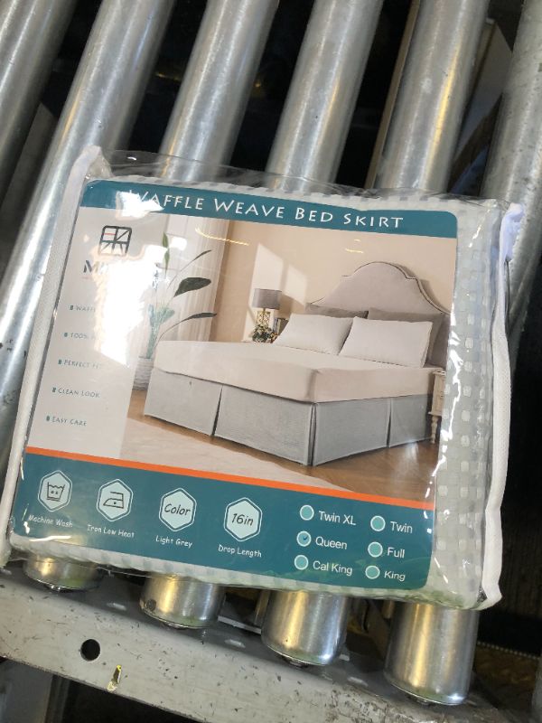 Photo 1 of MIYE Pleated Waffle Weave Bed Skirt, Tailored Dust Ruffle 16 Inch Drop Easy Fit, Machine Washable (Light Grey, Queen - 16" Drop)