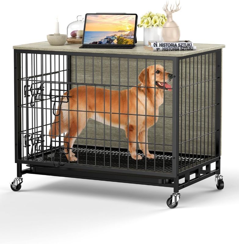 Photo 1 of Dog Cage Basic Crate Furniture 32.5 Inch Metal Frame Wooden Top Indoor End Table Design Pet Kennel with Wheels Removable Tray for Large Medium Pooch Pup Canine Fido