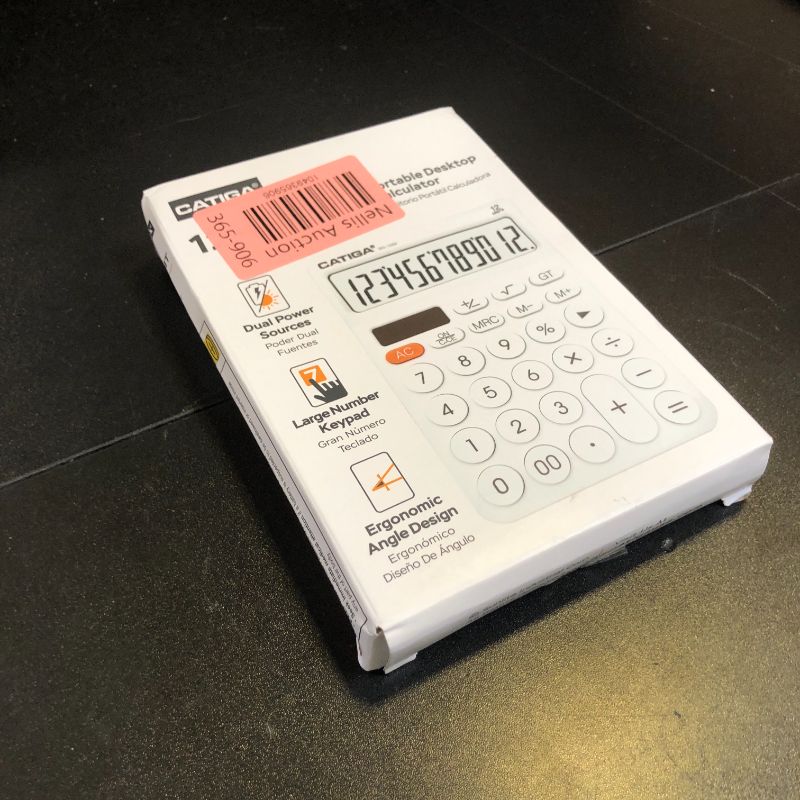 Photo 1 of CATIGA 12 Digit Desktop Calculator Basic Desk Calculator with Large LCD Display, Big Buttons, 4 Function, Solar and Battery Dual Power, for Office, School, Home, SD-1292 White